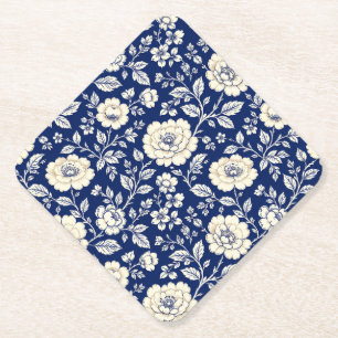 Dessous-de-verre En Papier Bleu Nuit Classique & Crème Floral Botanique Vinta