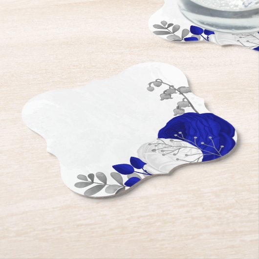 Dessous-de-verre En Papier bleu royal et fleurs blanches argent (Incliné)