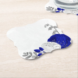 Dessous-de-verre En Papier bleu royal & fleurs blanches argent