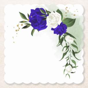 Dessous-de-verre En Papier bleu royal & fleurs blanches verdure
