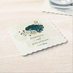 Dessous-de-verre En Papier bleu sarcelle beige floral botanique mariage