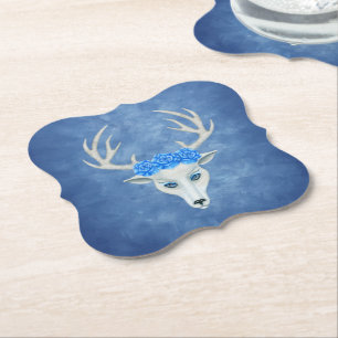 Dessous-de-verre En Papier Bleu tête cerf blanc mystique yeux Roses Antlers