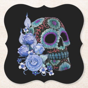 Dessous-de-verre En Papier Blue Floral Black Sugar Skull Jour des morts