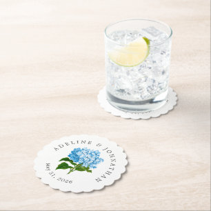 Dessous-de-verre En Papier Blue Hydrangea Couples Nom et date du Mariage