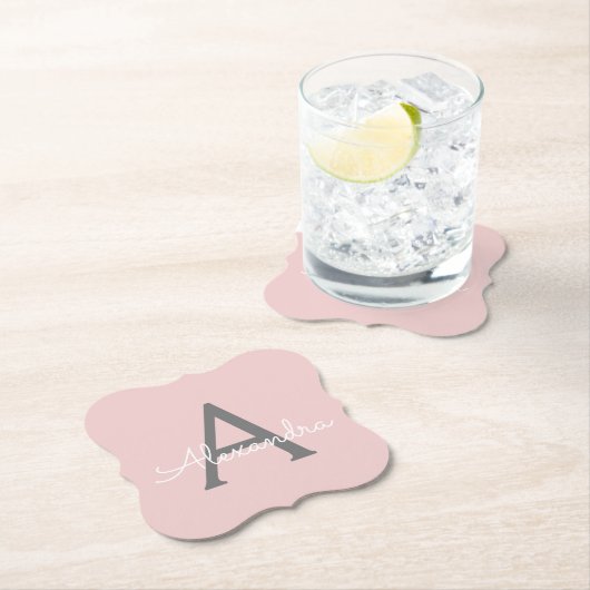 Dessous-de-verre En Papier Blush Pink Grey Modern Script Girly Monogram (En situation)
