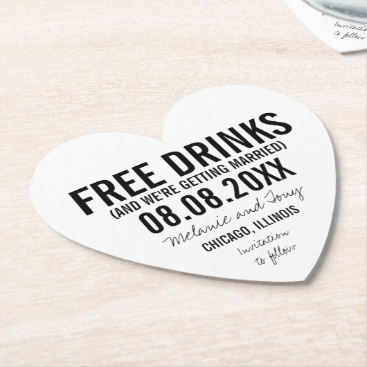 Dessous-de-verre En Papier Boissons gratuites Mariage unique drôle Enregistre (Incliné)