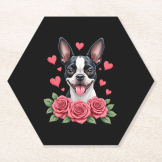 Dessous-de-verre En Papier Boston Terrier with Red Roses Hearts Valentine�s D