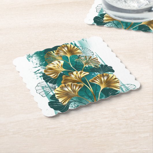 Dessous-de-verre En Papier Branche avec Feuilles d'or Ginko Biloba (Incliné)