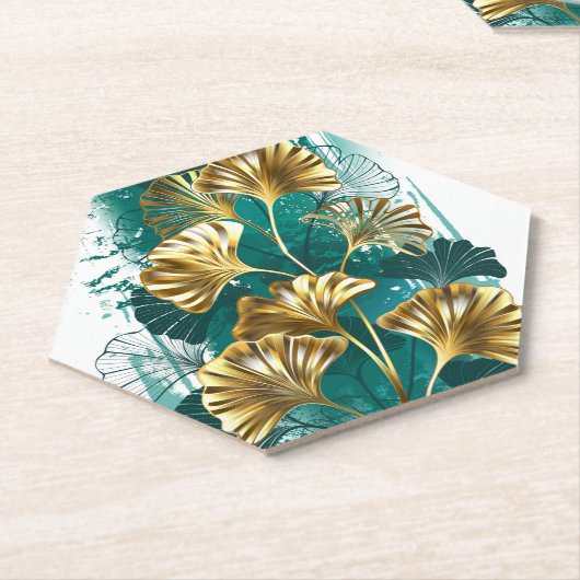 Dessous-de-verre En Papier Branche avec Feuilles d'or Ginko Biloba (Incliné)