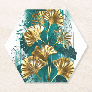 Dessous-de-verre En Papier Branche avec Feuilles d'or Ginko Biloba