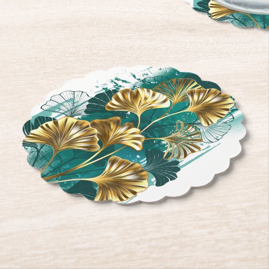 Dessous-de-verre En Papier Branche avec Feuilles d'or Ginko Biloba (Incliné)