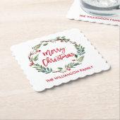 Dessous-de-verre En Papier Brosse rouge Script Aquarelle Wreath Joyeux Noël (Incliné)