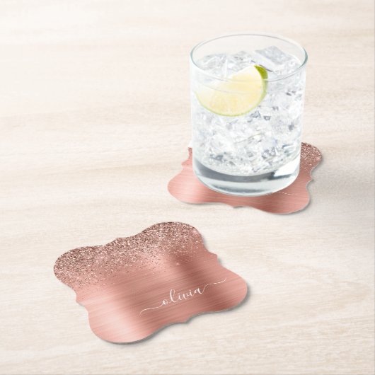 Dessous-de-verre En Papier Brushed metal rose Gold Pink Glitter Monogram (En situation)