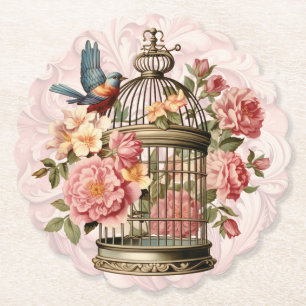 Dessous-de-verre En Papier Cage à oiseaux floral aquarelle vintage romantique