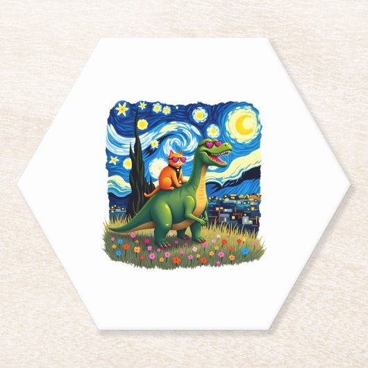 Dessous-de-verre En Papier Cat Riding Dinosaur T-Rex Starry Night Cat Lover ( (Devant)