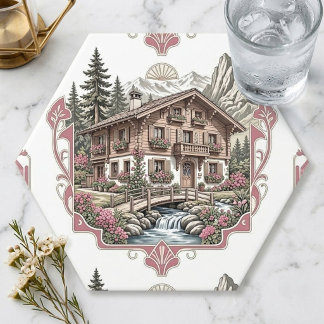 Dessous-de-verre En Papier Chalet Campagne Alpine Pins Neige Vintage