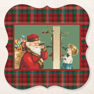 Dessous-de-verre En Papier Charming Girl on Telephone avec Père Noël on Plaid