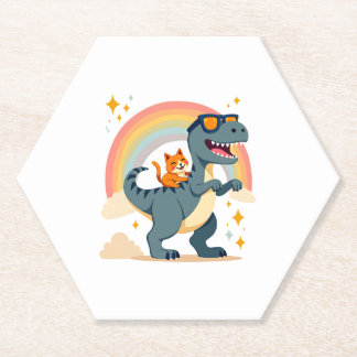 Dessous-de-verre En Papier Chat à cheval sur un dinosaure T-Rex Chaton Arc-en