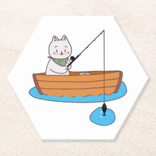 Dessous-de-verre En Papier Chat Chéri Drôle avec une Canne à Pêche