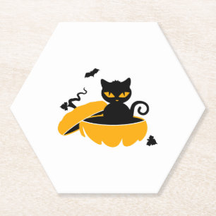 Dessous-de-verre En Papier Chat d'Halloween noir et citrouille d'Halloween