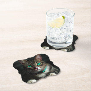 Dessous-de-verre En Papier Chat gris et blanc aux yeux bleus et collant