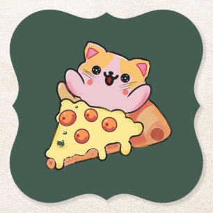Dessous-de-verre En Papier Chat Mignon Kawaii Enlaçant une Pizza au Pepperoni