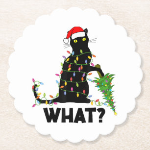 Dessous-de-verre En Papier Chat noir drôle poussant l'arbre de Noël sur le ch