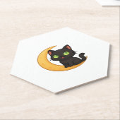 Dessous-de-verre En Papier Chat noir souriant aux yeux verts brillants assis (Incliné)