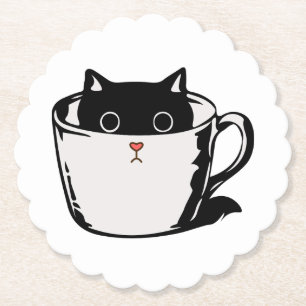 Dessous-de-verre En Papier Chaton noir avec nez rouge caché dans une tasse