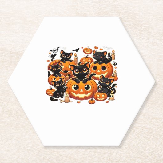 Dessous-de-verre En Papier Chats noirs mignons en Citrouille Halloween Night  (Devant)