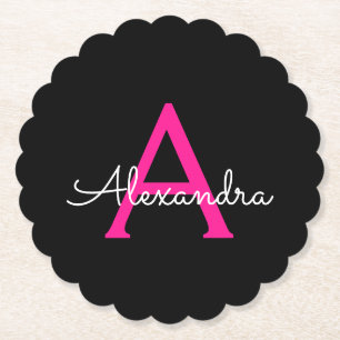 Dessous-de-verre En Papier Chaud rose noir Script Girl Nom du monogramme
