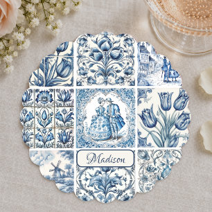 Dessous-de-verre En Papier Chic Bleu blanc toile de jouy Poupées et fleurs