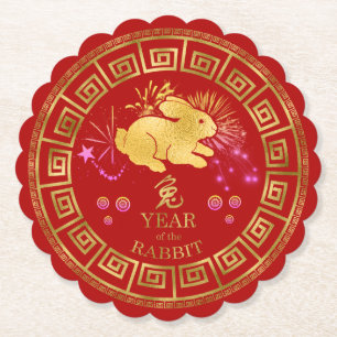 Dessous-de-verre En Papier Chinois Zodiac Rabbit Rouge/Or ID542