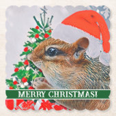 Dessous-de-verre En Papier Chipmunk avec Casquette de Noël devant l'arbre (Devant)