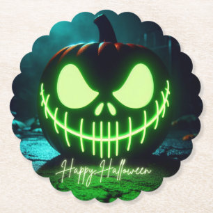 Dessous-de-verre En Papier Citrouille d'Halloween lumineuse verte effrayante