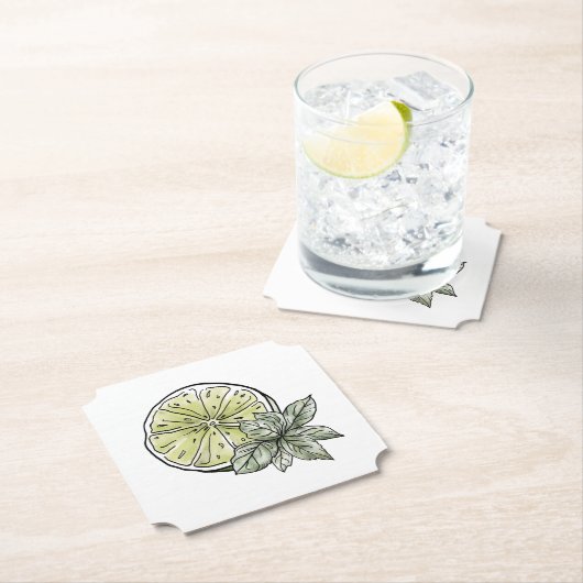 Dessous-de-verre En Papier Citrus Chaux d'été et Feuilles verts (En situation)