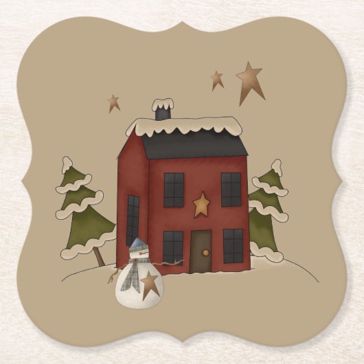 Dessous-de-verre En Papier Colonial Rouge Primitif Avec Snowman (Devant)