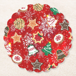 Dessous-de-verre En Papier Cookies de Noël et flocons de neige sur fond rouge