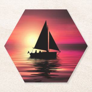 Dessous-de-verre En Papier Coucher de soleil, Bateau à voile dans la mer-3918