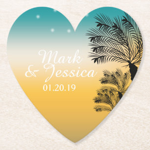 Dessous-de-verre En Papier Coucher de soleil bleu moderne Palmiers de plage t