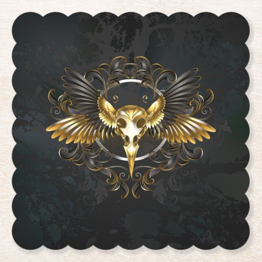 Dessous-de-verre En Papier Crâne d'oiseaux dorés sur arrière - plan noir (Devant)