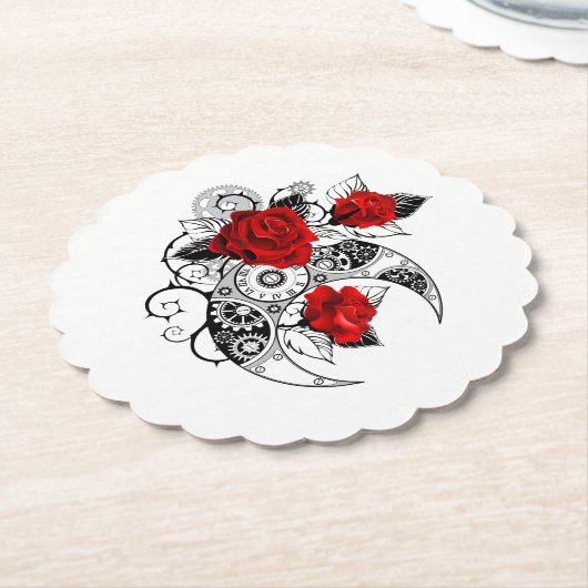 Dessous-de-verre En Papier Croissant mécanique avec roses rouges (Incliné)