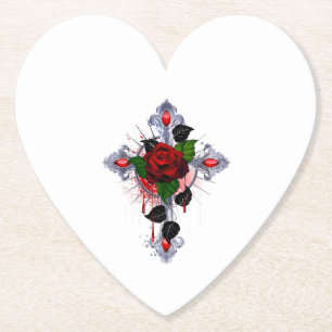 Dessous-de-verre En Papier Croix d'argent avec une rose rouge