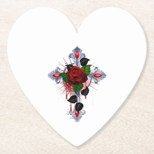 Dessous-de-verre En Papier Croix d'argent avec une rose rouge (Devant)