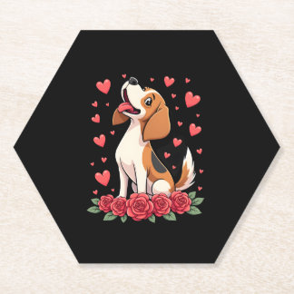 Dessous-de-verre En Papier Cute Beagle with Red Roses Hearts Floral Valentine