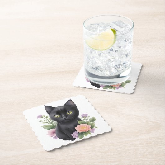 Dessous-de-verre En Papier Cute Black Chat Floral Whimsical (En situation)