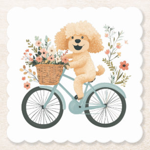 Dessous-de-verre En Papier Cute Goldendoodle Chien Vélo Fleurs de printemps