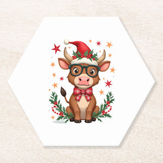 Dessous-de-verre En Papier Cute Highland Cow Lover Santa Hat Western Christma