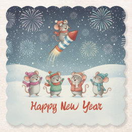 Dessous-de-verre En Papier Cute Mice Happy New Year Fireworks