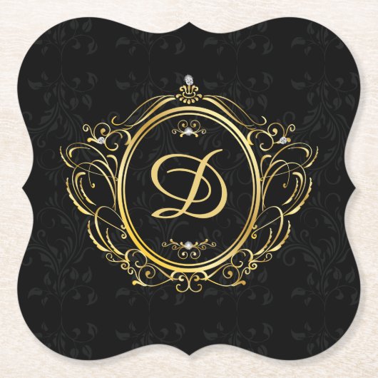 Dessous-de-verre En Papier Damas de monogramme Black Gold (Devant)